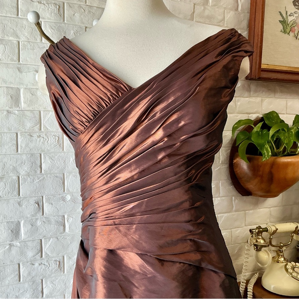 Symphony of Venus Liquid Metallic Copper Ornately Ruched Gathered Bodice Gown - Picture 6 of 17